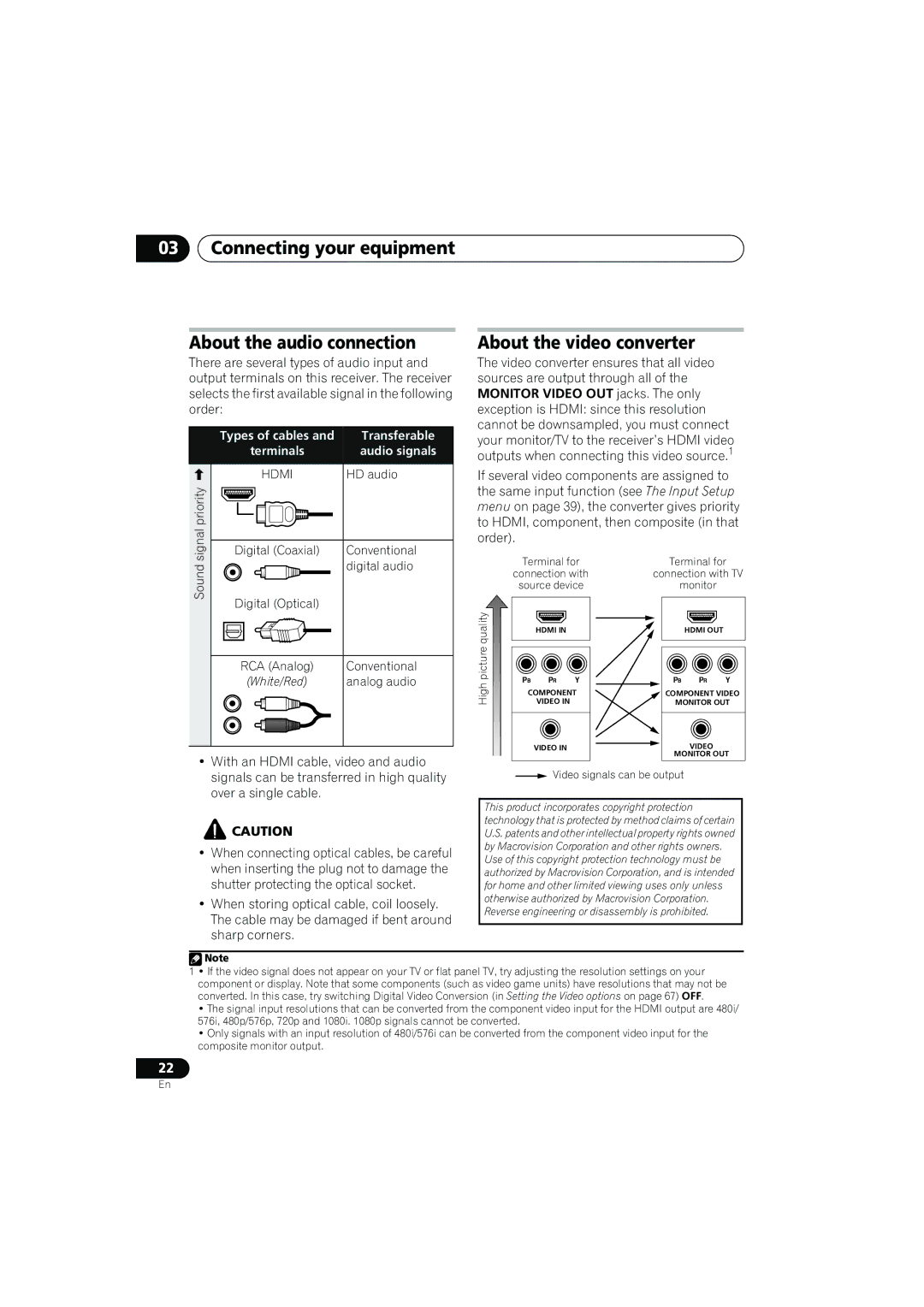 Pioneer VSX-919AH-K manual Connecting your equipment About the audio connection, About the video converter, HD audio 