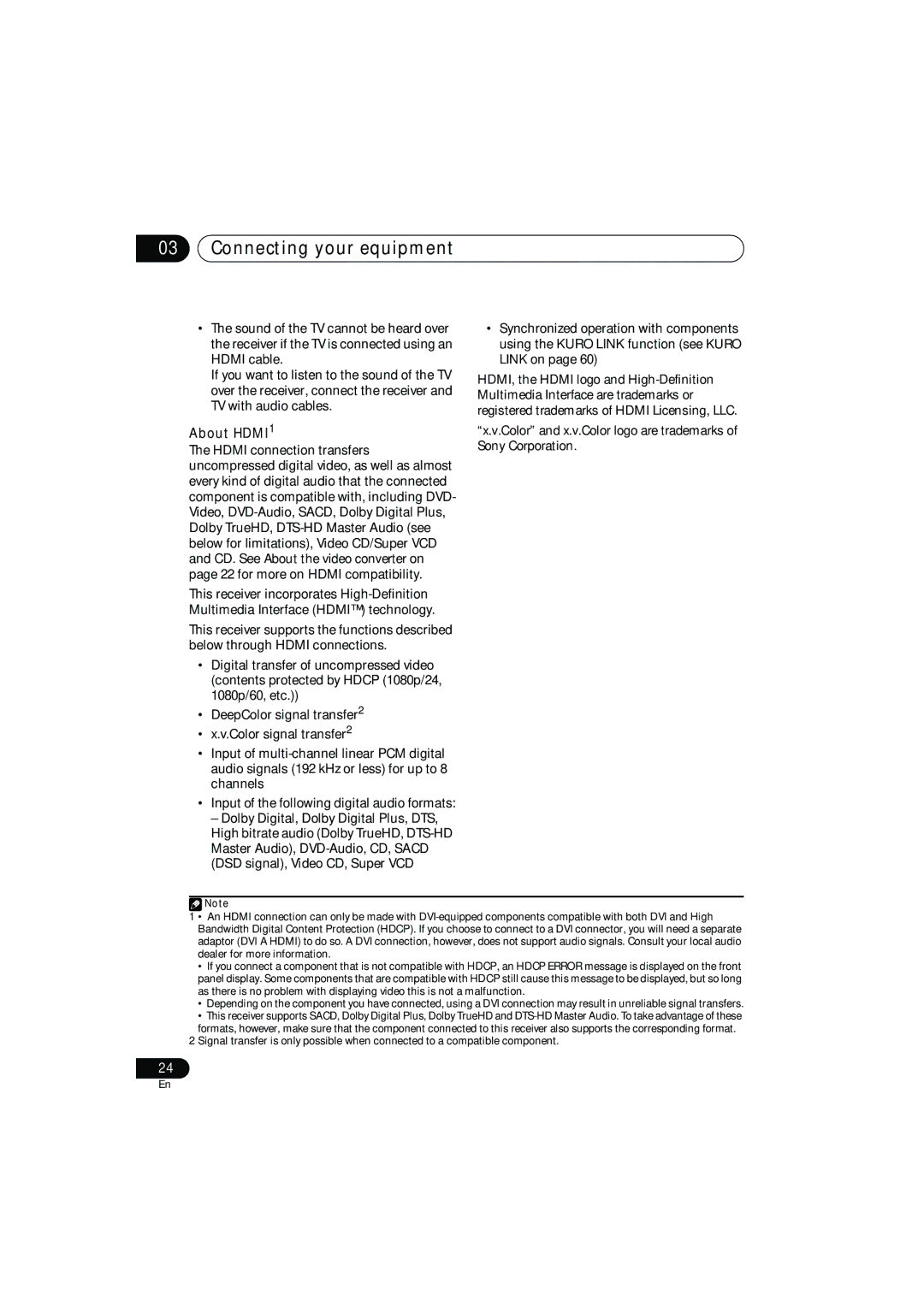 Pioneer VSX-919AH-K manual About HDMI1, Color and x.v.Color logo are trademarks of Sony Corporation 