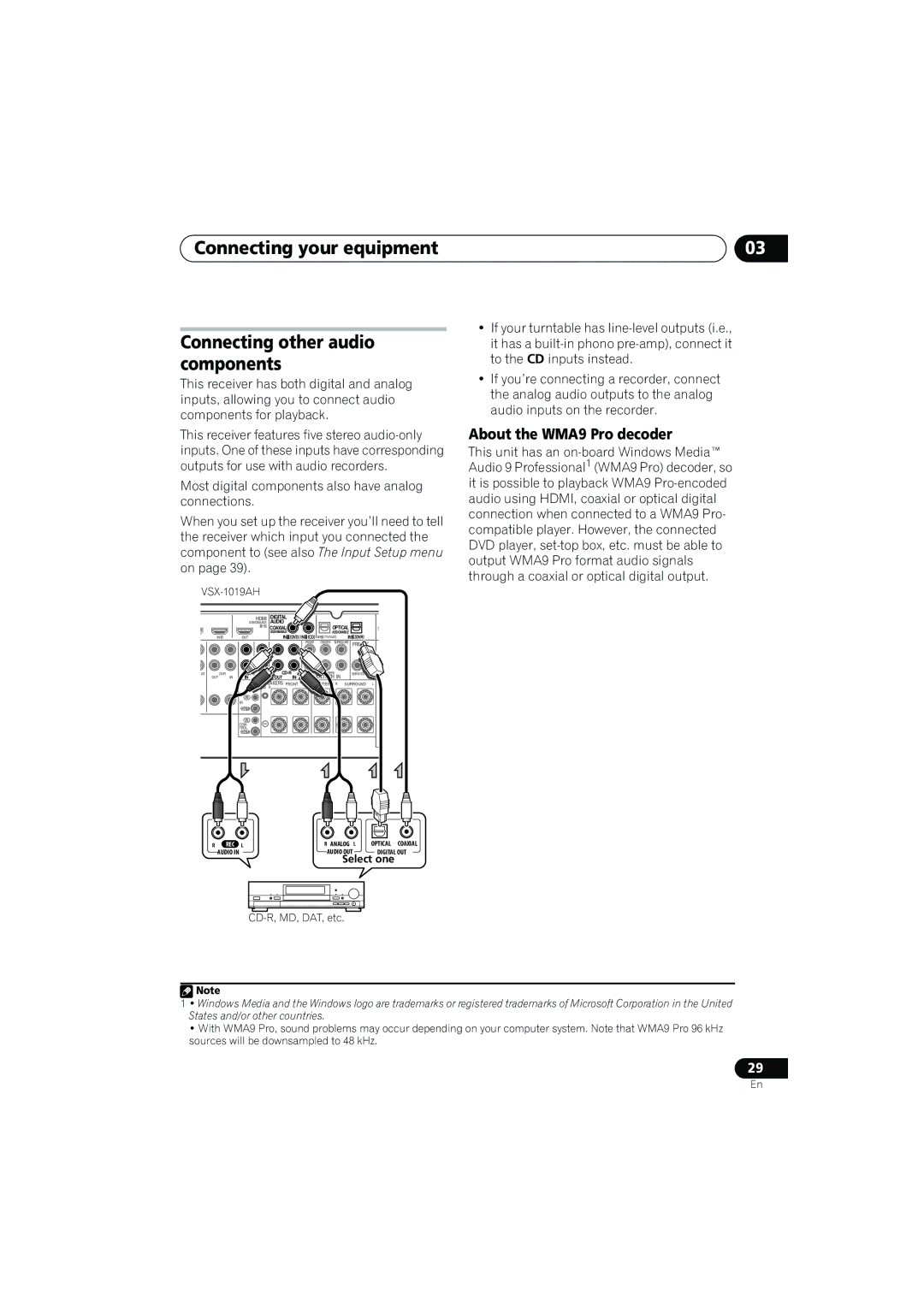 Pioneer VSX-919AH-K manual Connecting your equipment Connecting other audio components, About the WMA9 Pro decoder 