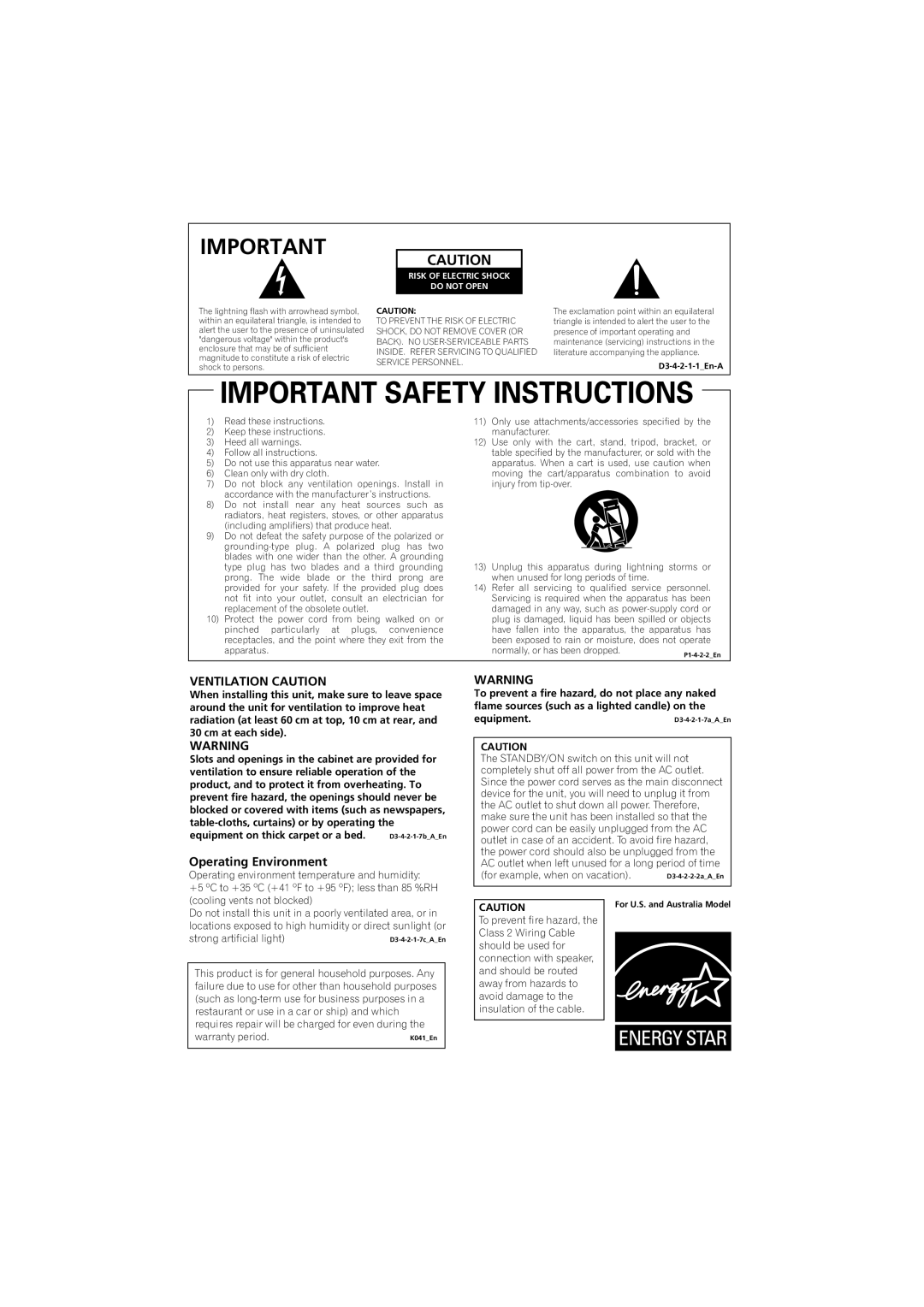 Pioneer VSX-919AH-K manual Ventilation Caution, Operating Environment 