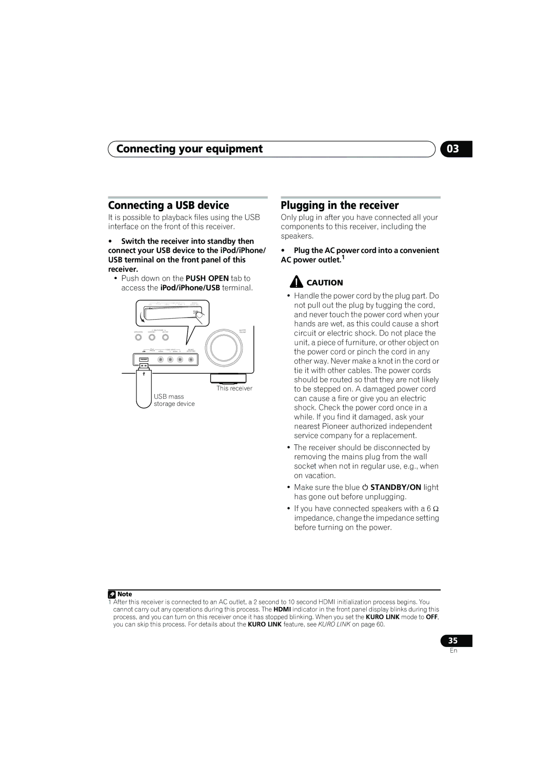 Pioneer VSX-919AH-K manual Connecting your equipment Connecting a USB device, Plugging in the receiver 