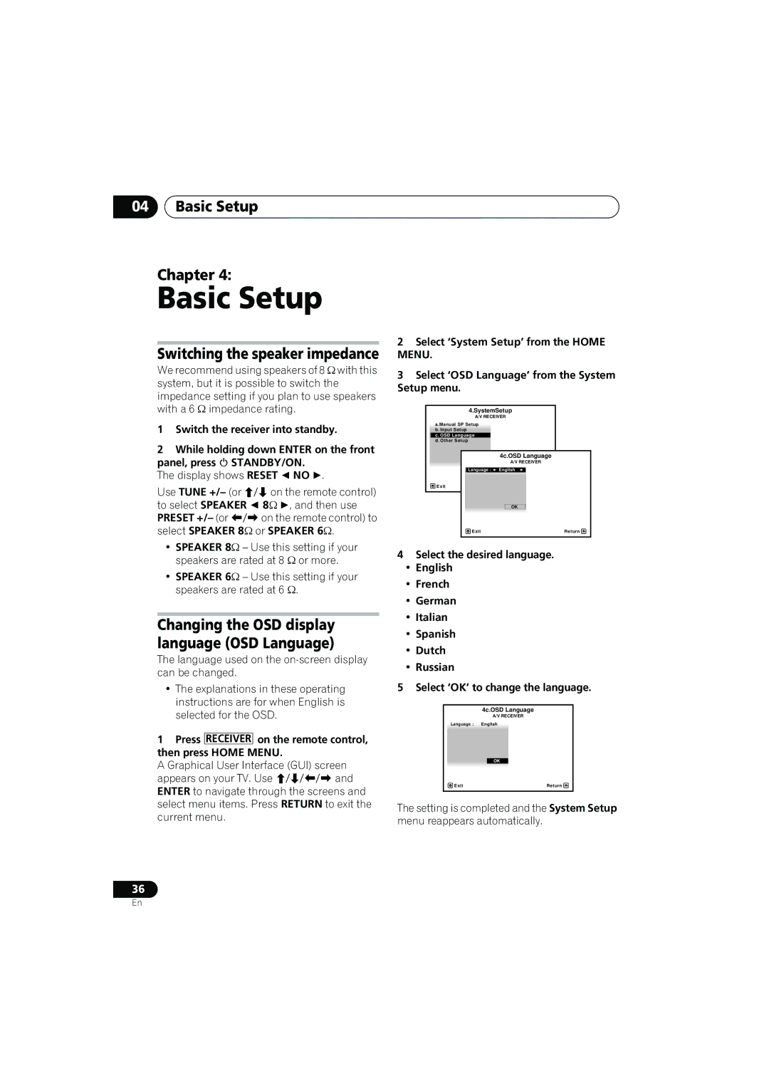 Pioneer VSX-919AH-K manual Basic Setup Chapter, Switching the speaker impedance 