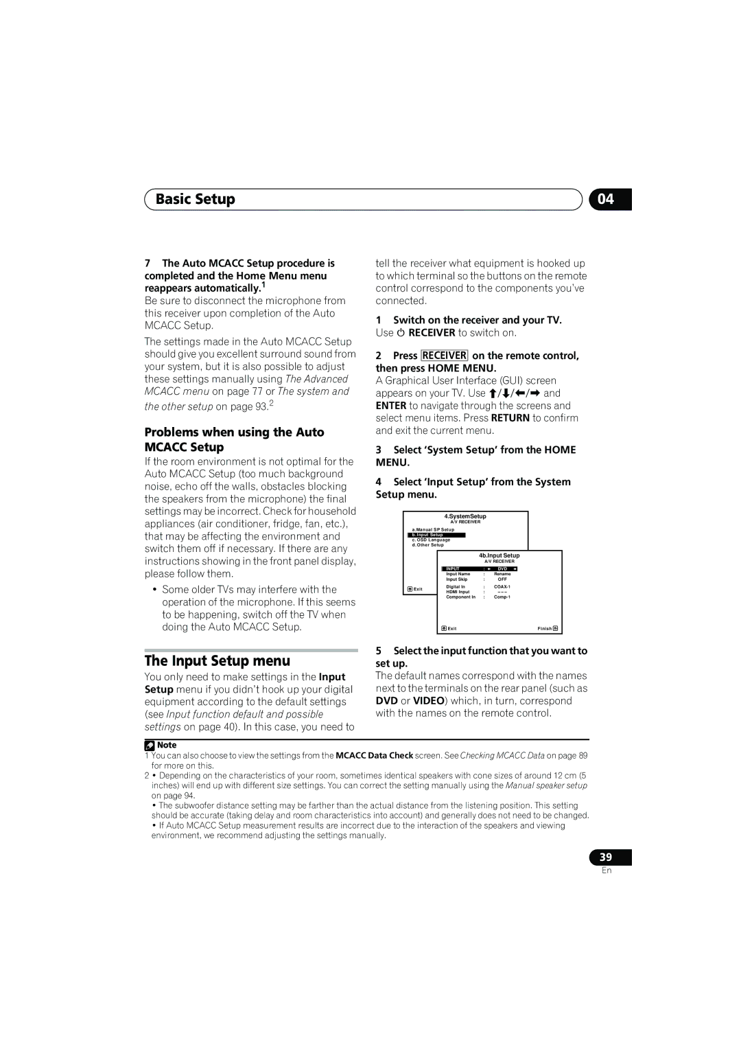 Pioneer VSX-919AH-K manual Input Setup menu, Problems when using the Auto Mcacc Setup 