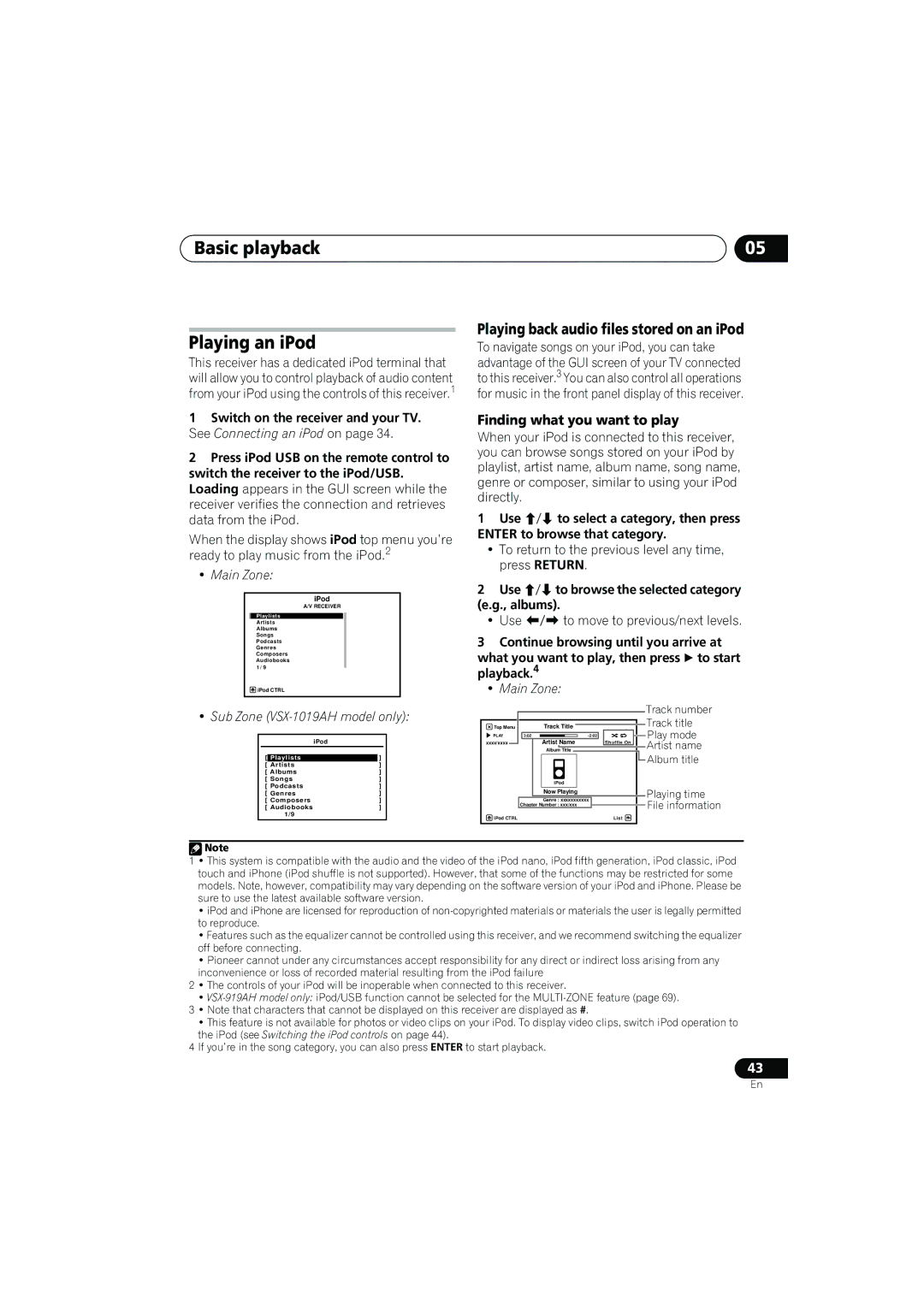 Pioneer VSX-919AH-K manual Basic playback Playing an iPod, Playing back audio files stored on an iPod 