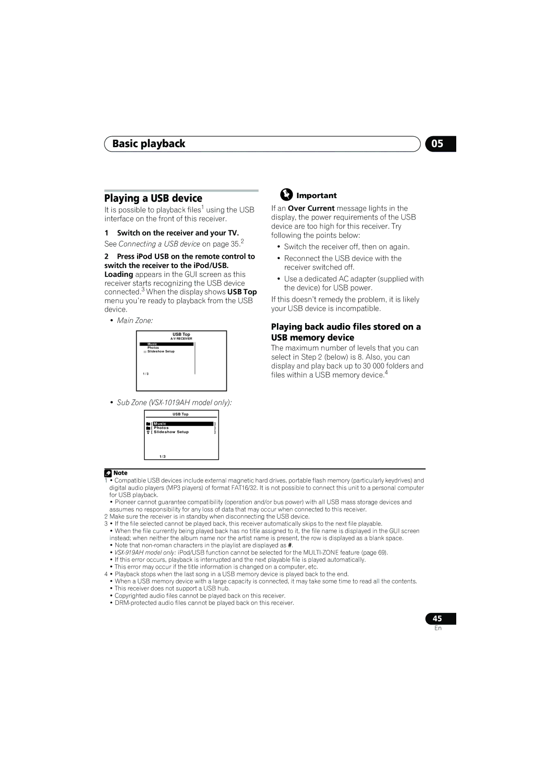 Pioneer VSX-919AH-K Basic playback Playing a USB device, Playing back audio files stored on a USB memory device, USB Top 