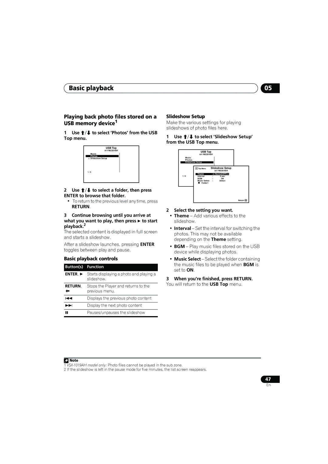 Pioneer VSX-919AH-K manual Playing back photo files stored on a USB memory device1, Slideshow Setup, Return 