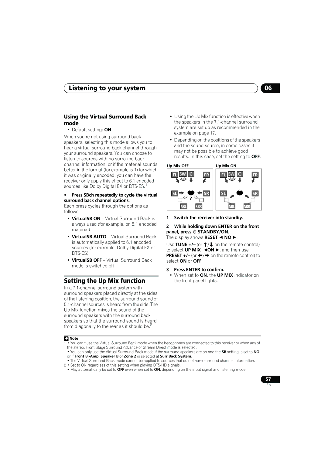 Pioneer VSX-919AH-K manual Setting the Up Mix function, Using the Virtual Surround Back mode, Press Enter to confirm 