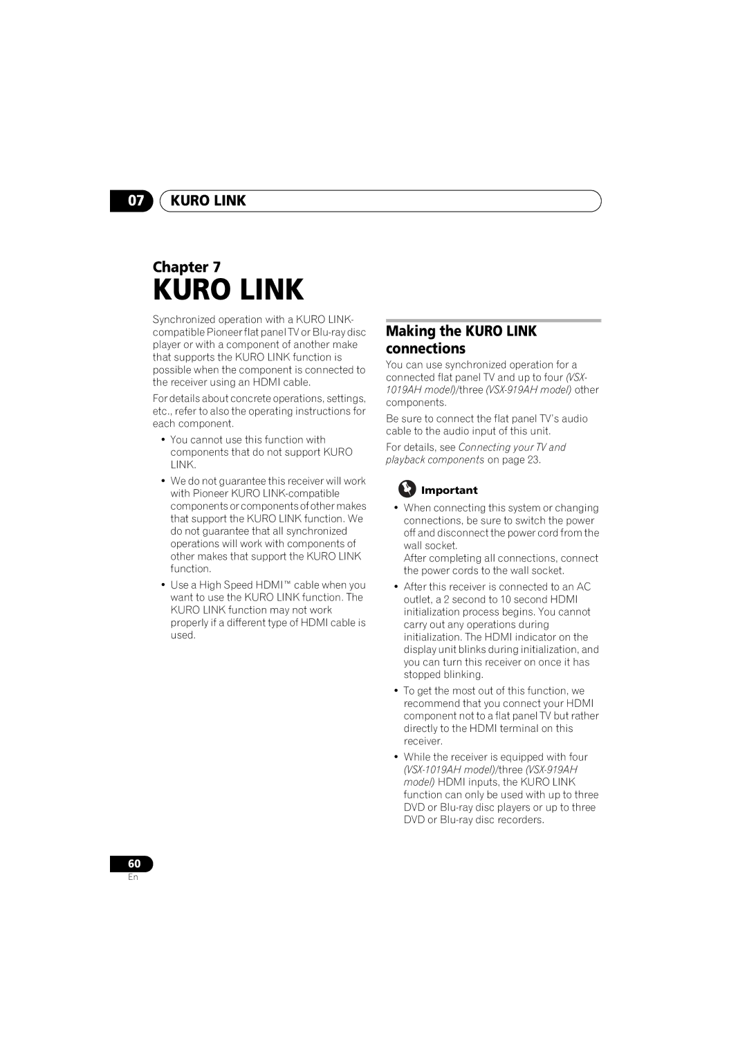 Pioneer VSX-919AH-K manual Making the Kuro Link connections 