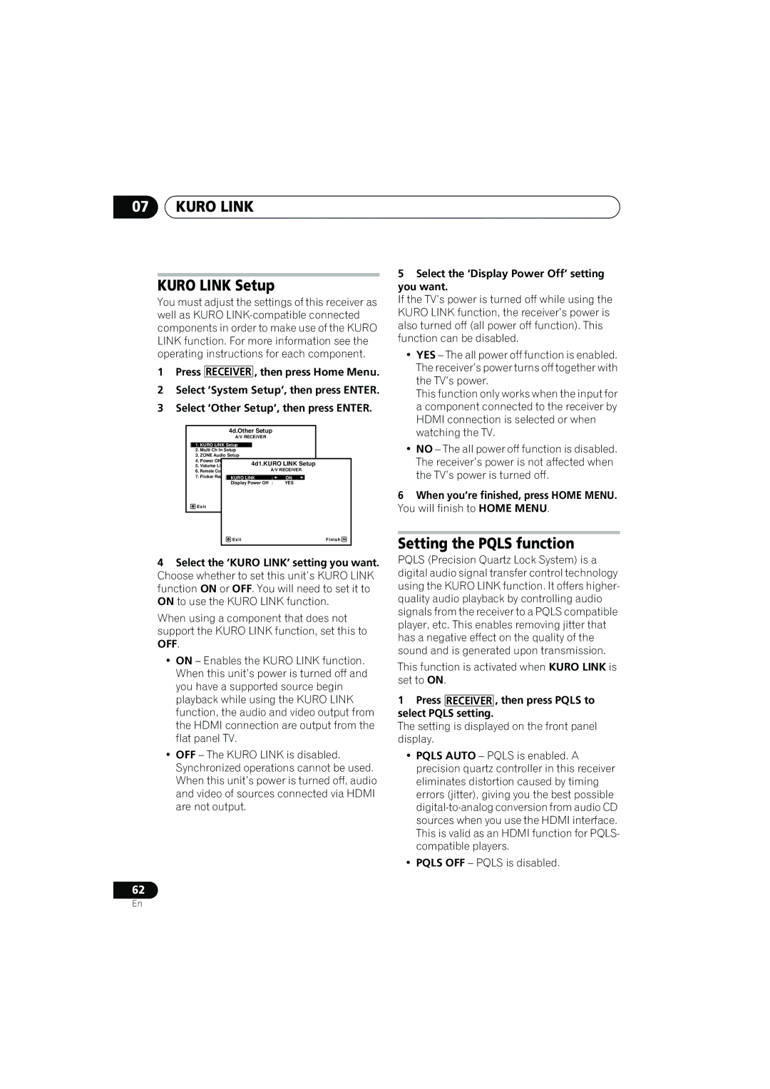 Pioneer VSX-919AH-K manual Kuro Link Setup, Setting the Pqls function, Select the ‘Display Power Off’ setting you want 