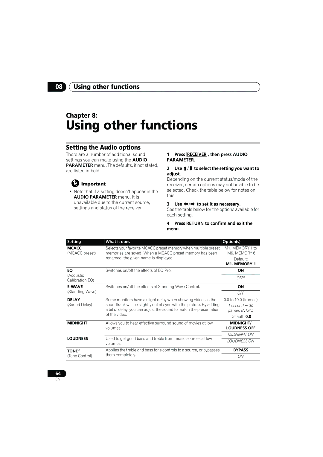 Pioneer VSX-919AH-K manual Using other functions Chapter, Setting the Audio options, Use / to set it as necessary 