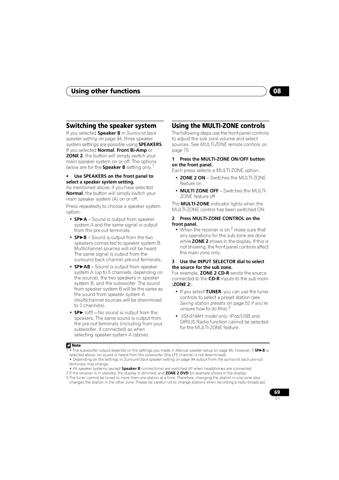 Pioneer VSX-919AH-K manual Using other functions Switching the speaker system, Using the MULTI-ZONE controls 