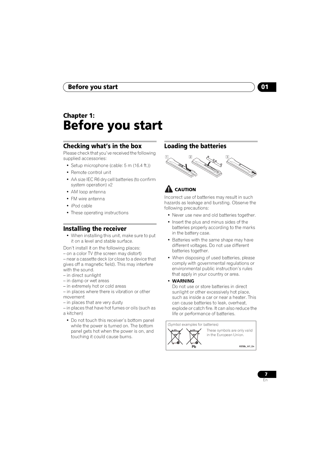 Pioneer VSX-919AH-K manual Before you start Chapter, Checking what’s in the box, Installing the receiver 