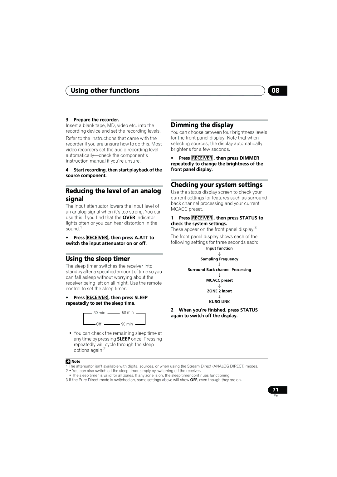 Pioneer VSX-919AH-K manual Dimming the display, Reducing the level of an analog signal, Using the sleep timer 