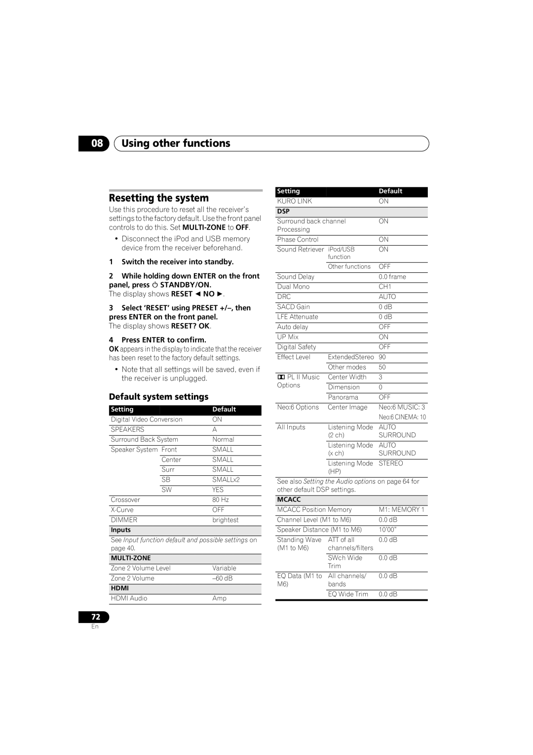 Pioneer VSX-919AH-K manual Using other functions Resetting the system, Default system settings, Display shows Reset  no  