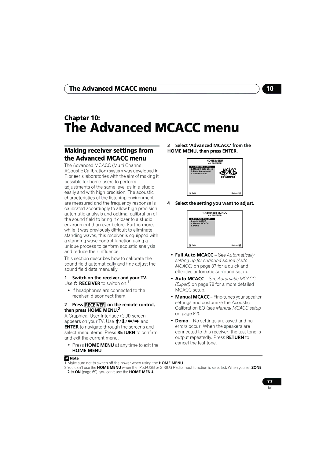 Pioneer VSX-919AH-K manual Advanced Mcacc menu Chapter, Home Menu, Select the setting you want to adjust 