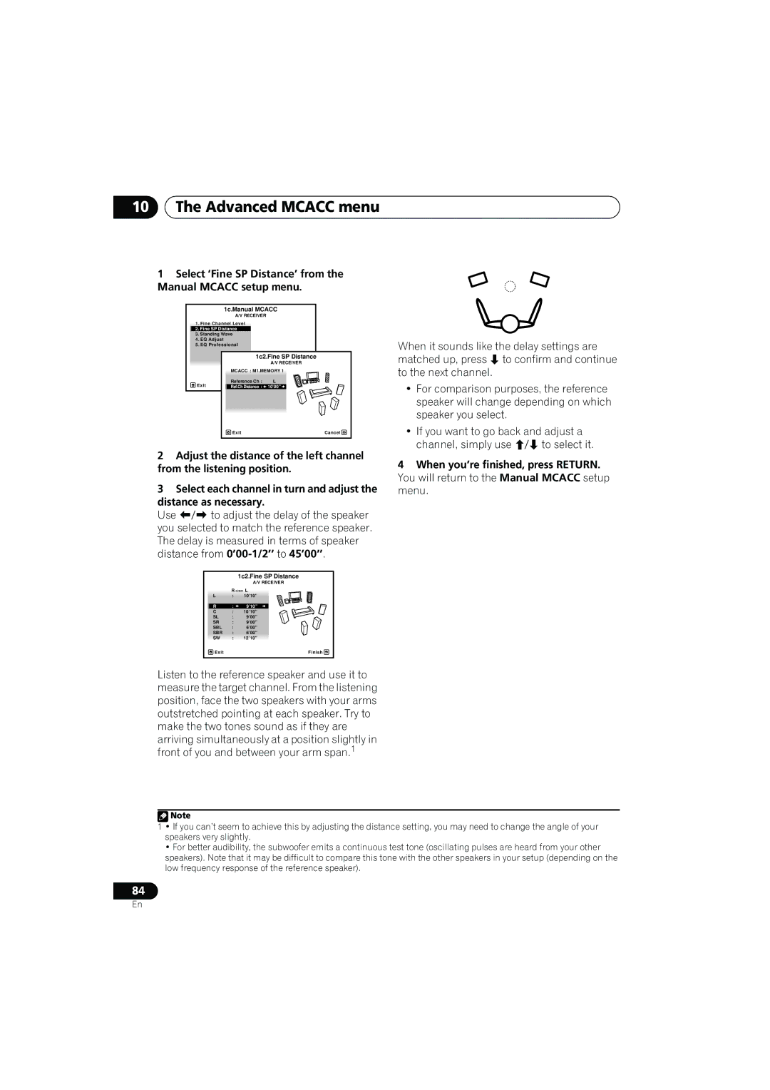 Pioneer VSX-919AH-K manual Select ‘Fine SP Distance’ from the Manual Mcacc setup menu, 1c2.Fine SP Distance 