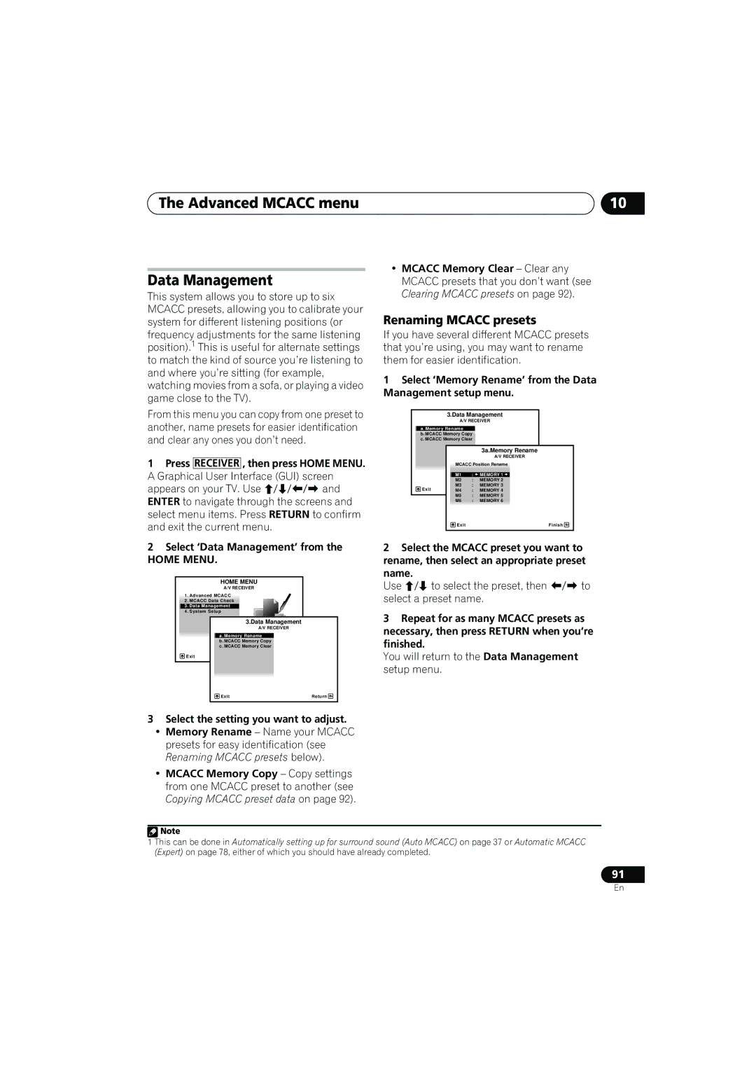 Pioneer VSX-919AH-K manual Advanced Mcacc menu Data Management, Renaming Mcacc presets, Select ‘Data Management’ from, Name 