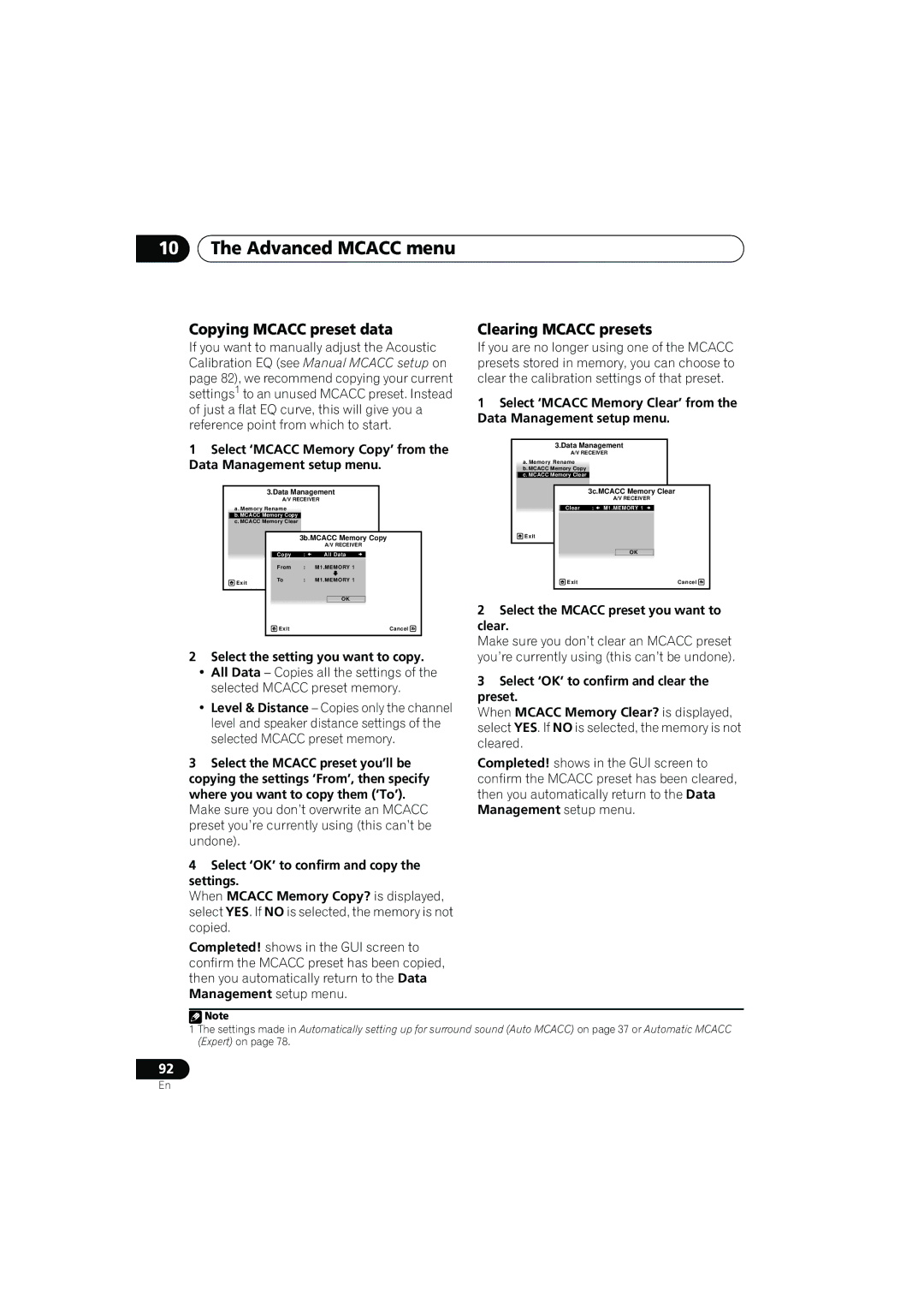 Pioneer VSX-919AH-K manual Copying Mcacc preset data, Clearing Mcacc presets, Select the setting you want to copy 