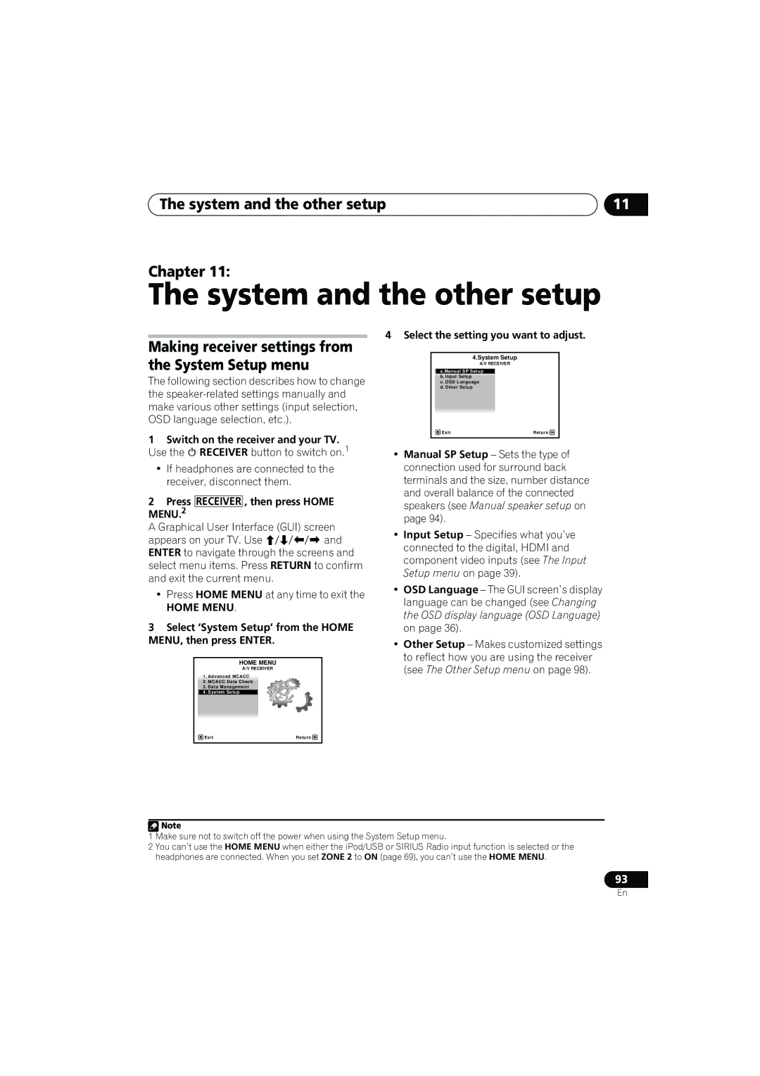 Pioneer VSX-919AH-K manual System and the other setup Chapter, Press Receiver , then press Home MENU.2, System Setup 