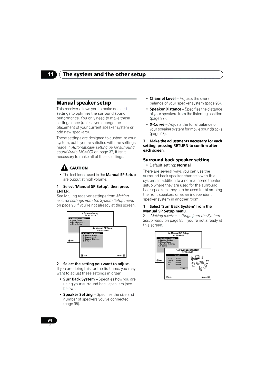 Pioneer VSX-919AH-K manual System and the other setup, Manual speaker setup, Surround back speaker setting 