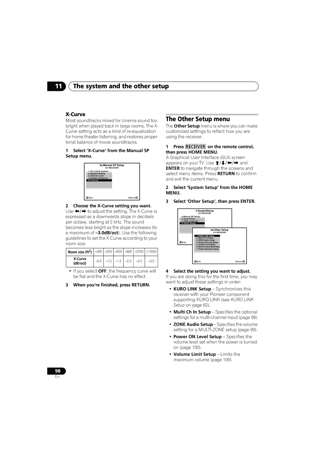 Pioneer VSX-919AH-K manual Other Setup menu, Select ‘X-Curve’ from the Manual SP Setup menu 