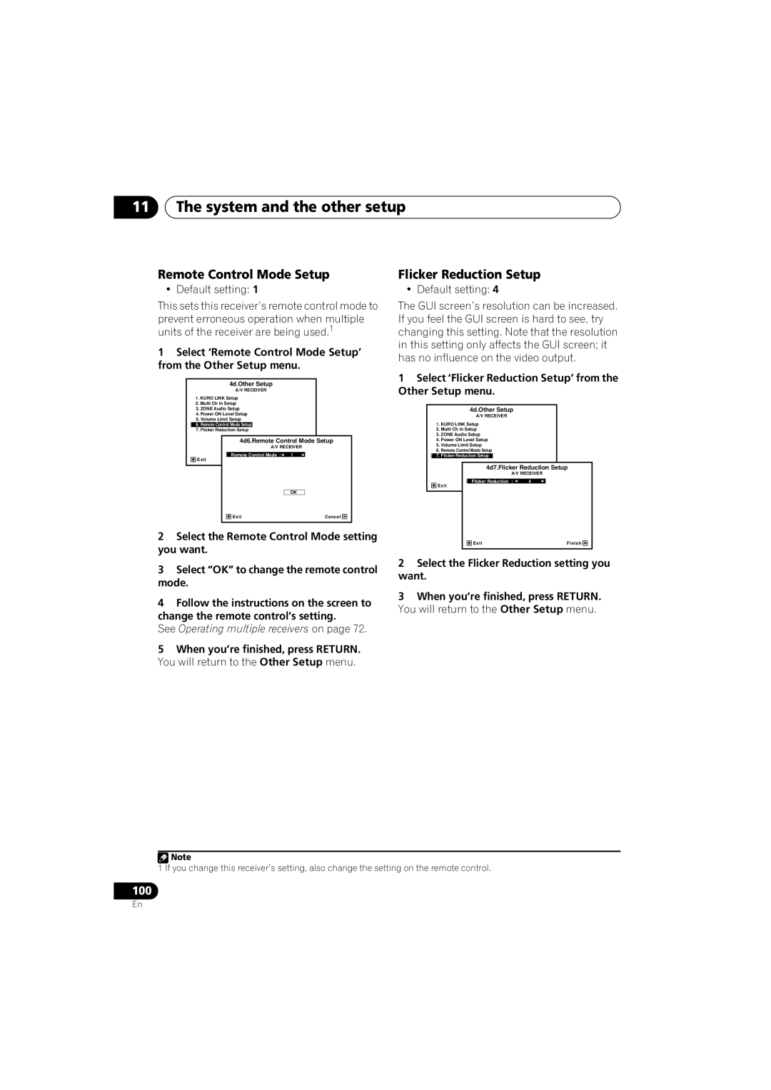 Pioneer VSX-919AH-S Remote Control Mode Setup, Flicker Reduction Setup, Select the Flicker Reduction setting you want 