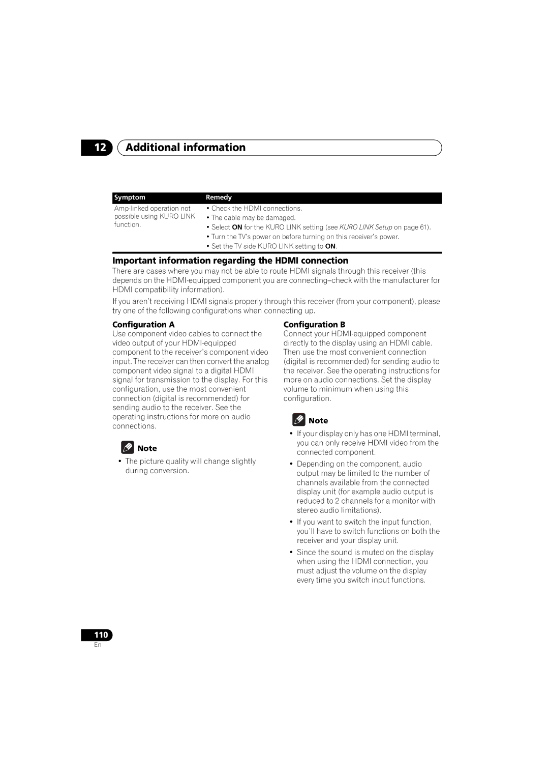 Pioneer VSX-919AH-S manual Important information regarding the Hdmi connection, Configuration a, Configuration B 