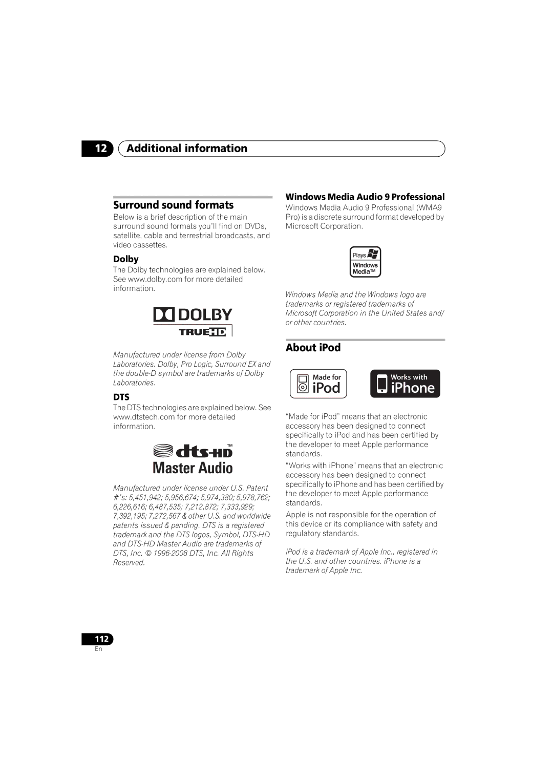 Pioneer VSX-919AH-S Additional information Surround sound formats, About iPod, Dolby Windows Media Audio 9 Professional 