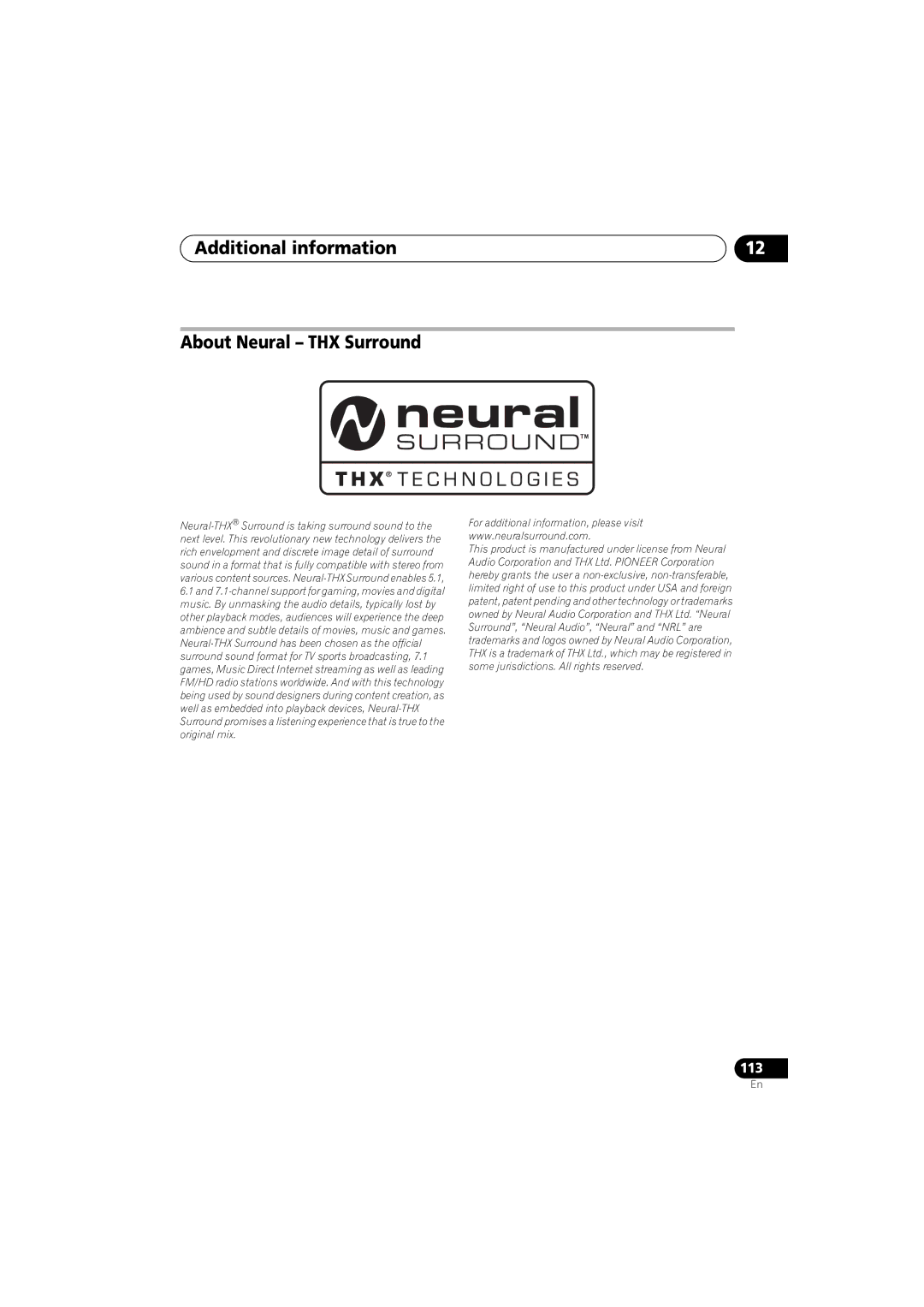 Pioneer VSX-919AH-S manual Additional information About Neural THX Surround 