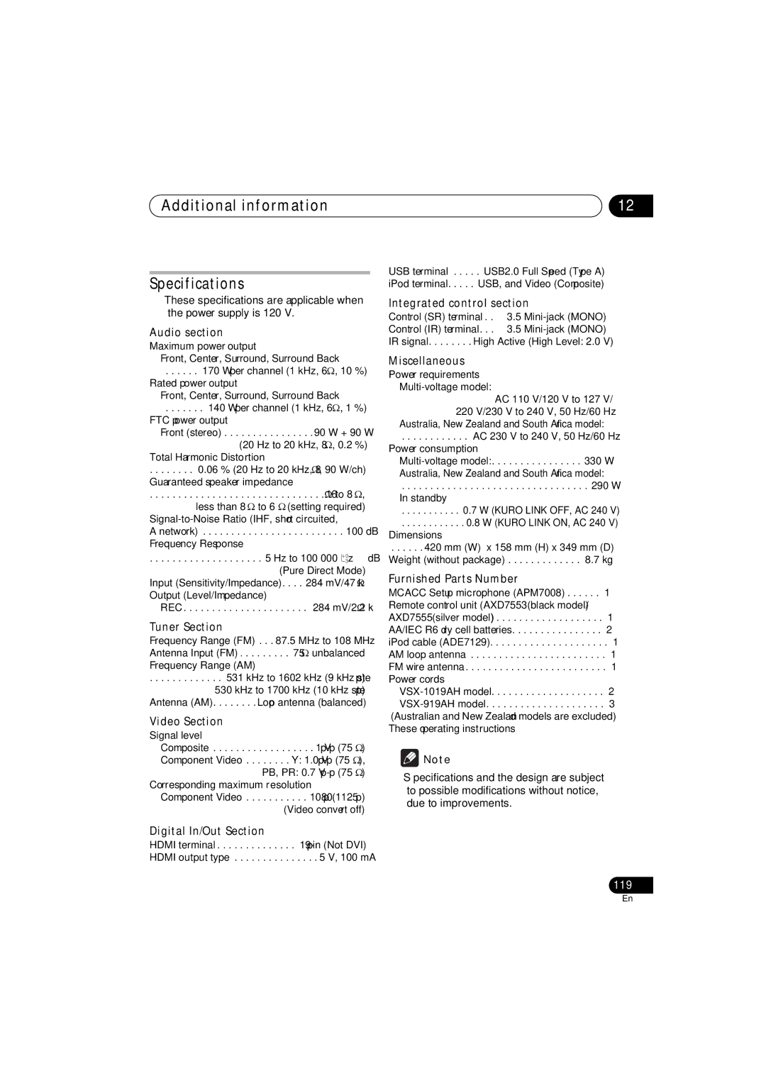 Pioneer VSX-919AH-S manual Additional information Specifications 