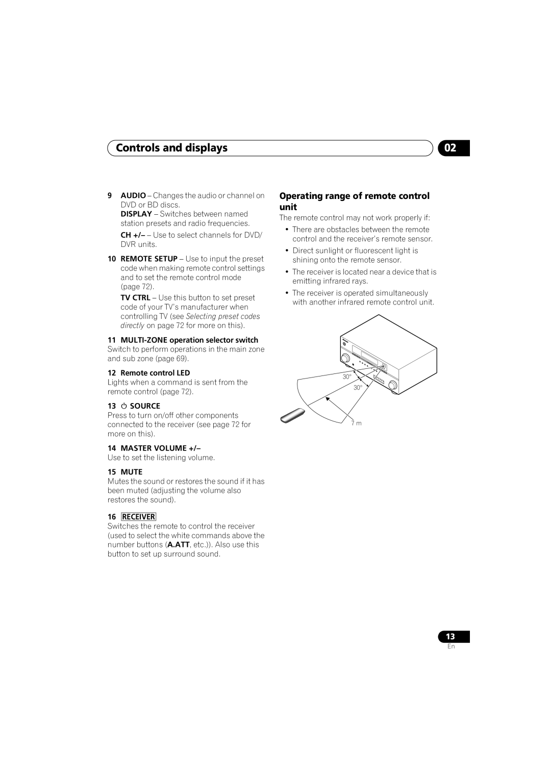 Pioneer VSX-919AH-S Operating range of remote control unit, 13  Source, Master Volume +/- Use to set the listening volume 