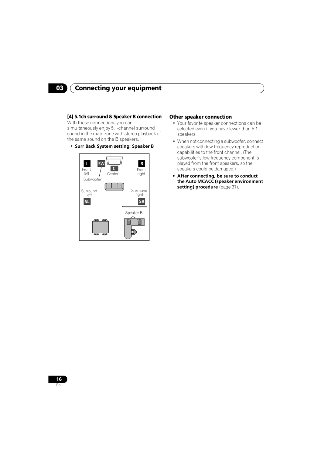 Pioneer VSX-919AH-S manual Connecting your equipment, Other speaker connection, 1ch surround & Speaker B connection 