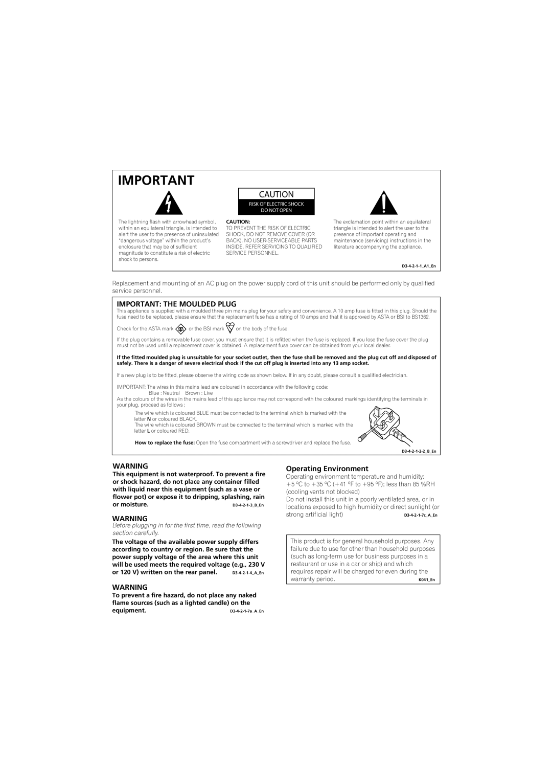 Pioneer VSX-919AH-S manual Important the Moulded Plug, Operating Environment 