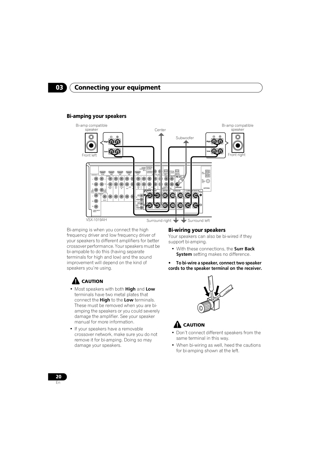 Pioneer VSX-919AH-S manual Bi-amping your speakers, Bi-wiring your speakers 