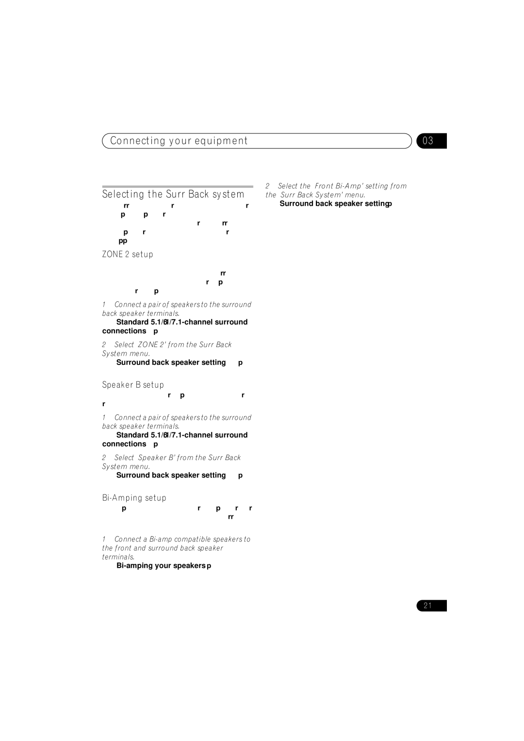 Pioneer VSX-919AH-S manual Connecting your equipment Selecting the Surr Back system, Zone 2 setup, Speaker B setup 