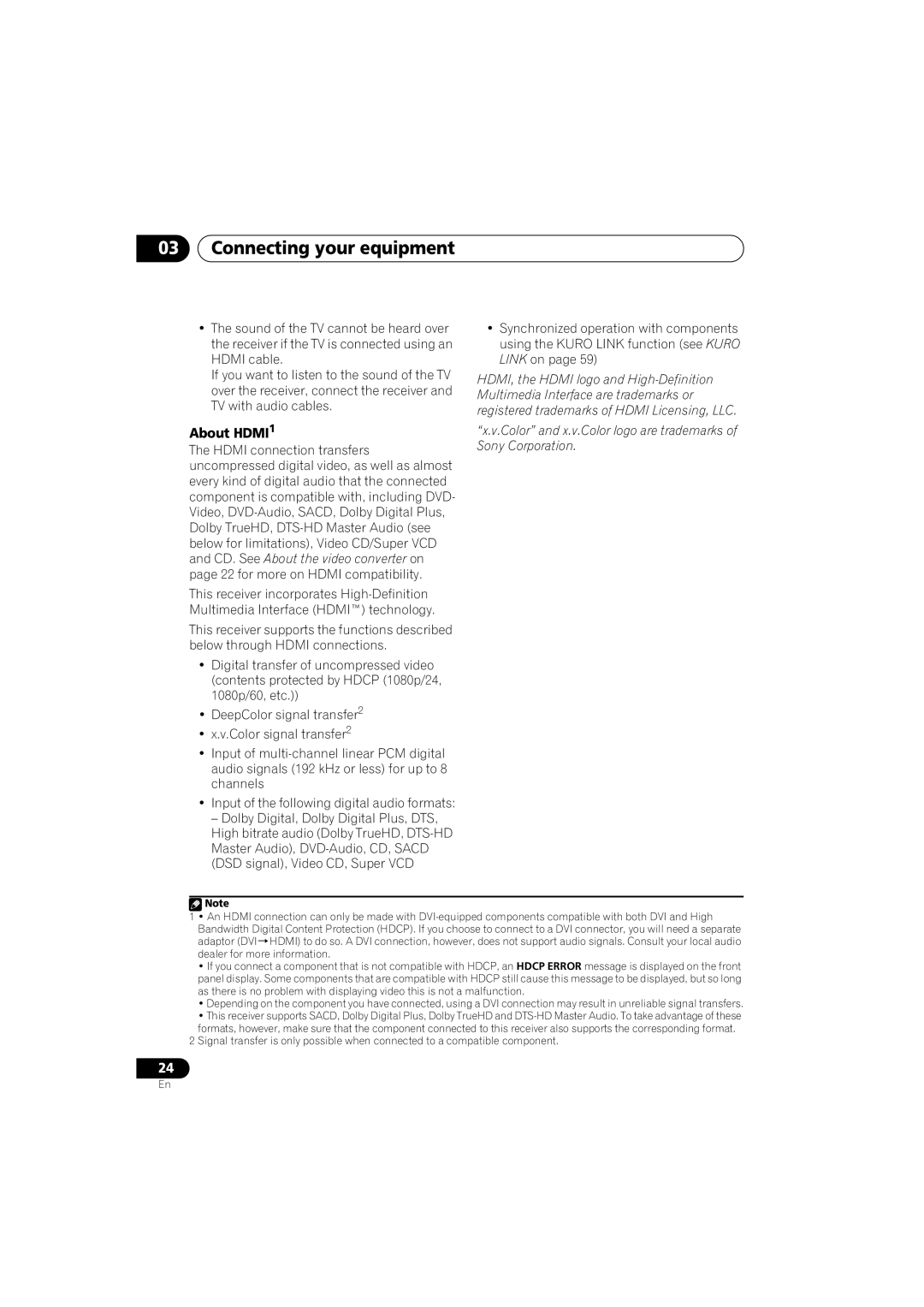 Pioneer VSX-919AH-S manual About HDMI1, Color and x.v.Color logo are trademarks of Sony Corporation 