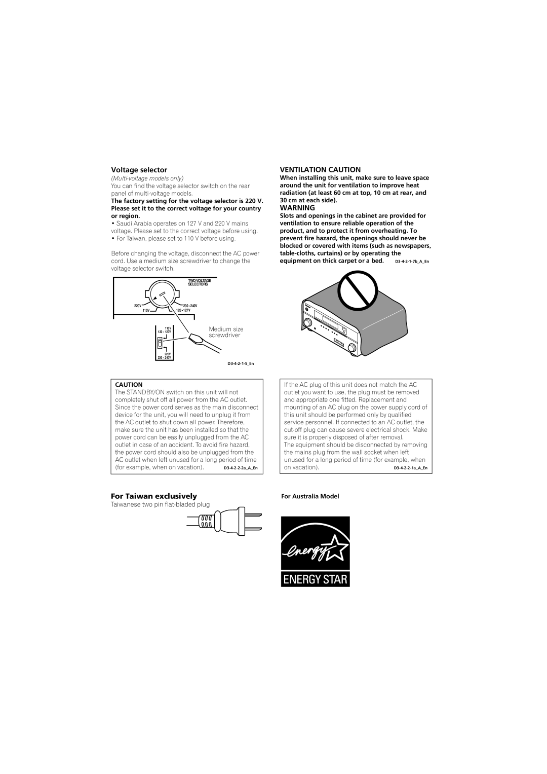 Pioneer VSX-919AH-S Voltage selector, Ventilation Caution, For Taiwan exclusively, Taiwanese two pin flat-bladed plug 