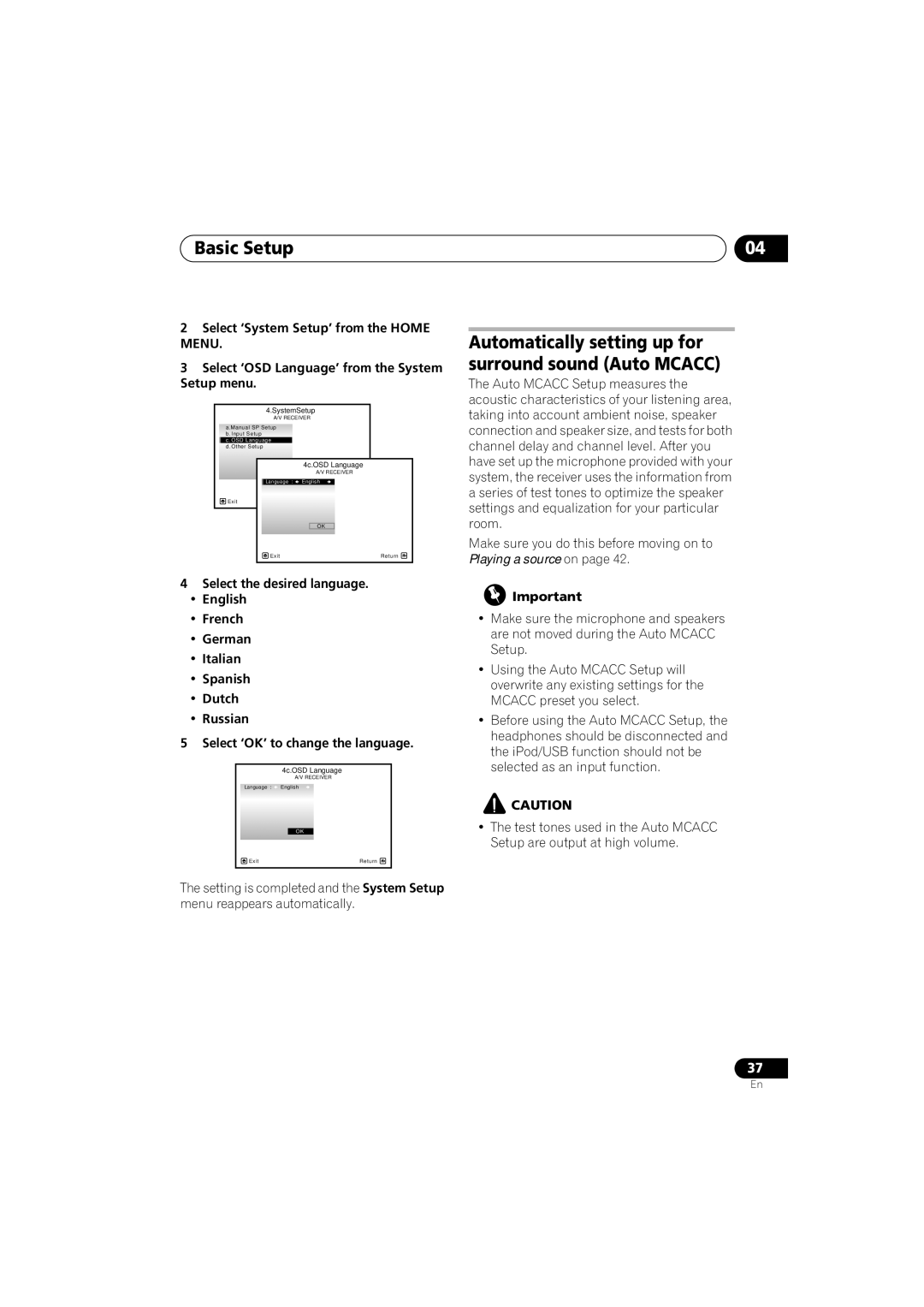 Pioneer VSX-919AH-S manual Basic Setup, Automatically setting up for 