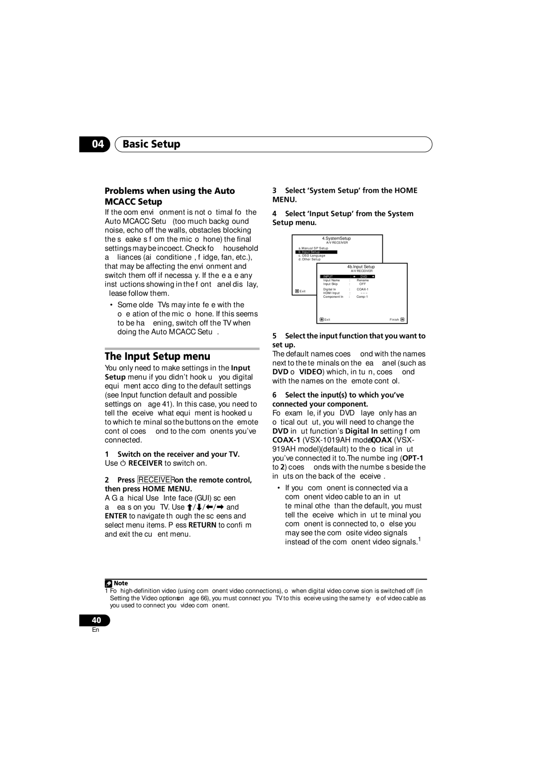 Pioneer VSX-919AH-S manual Input Setup menu, Problems when using the Auto Mcacc Setup 