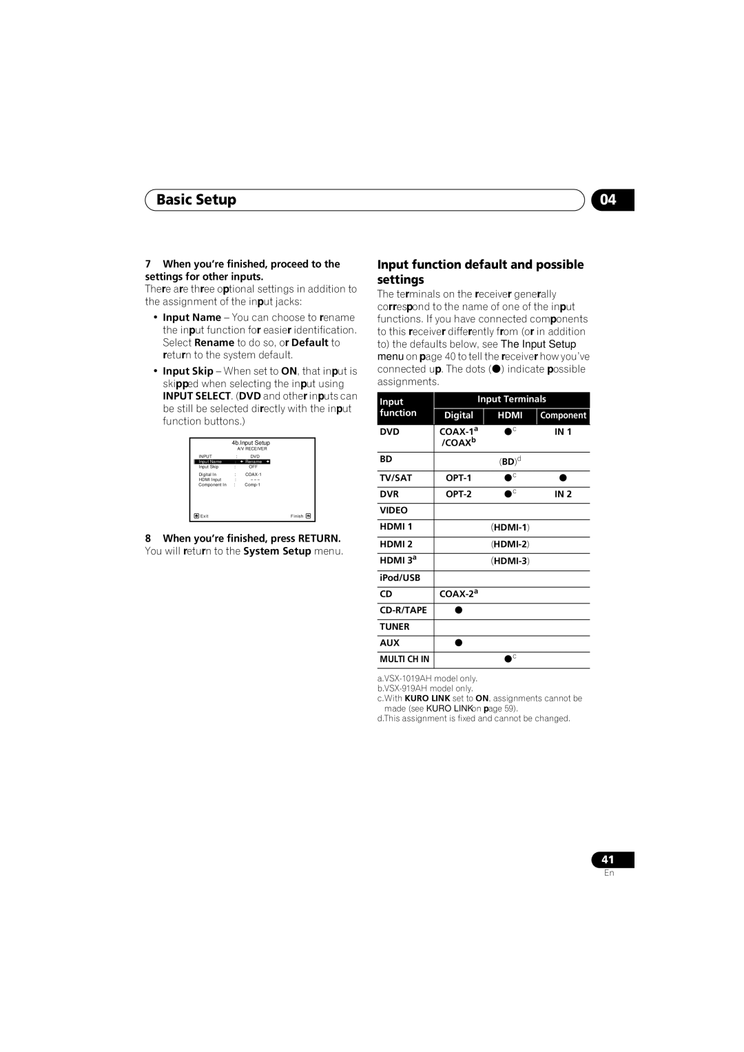 Pioneer VSX-919AH-S manual Input function default and possible settings, COAXb BDd, HDMI-2 Hdmi 3a HDMI-3 IPod/USB 