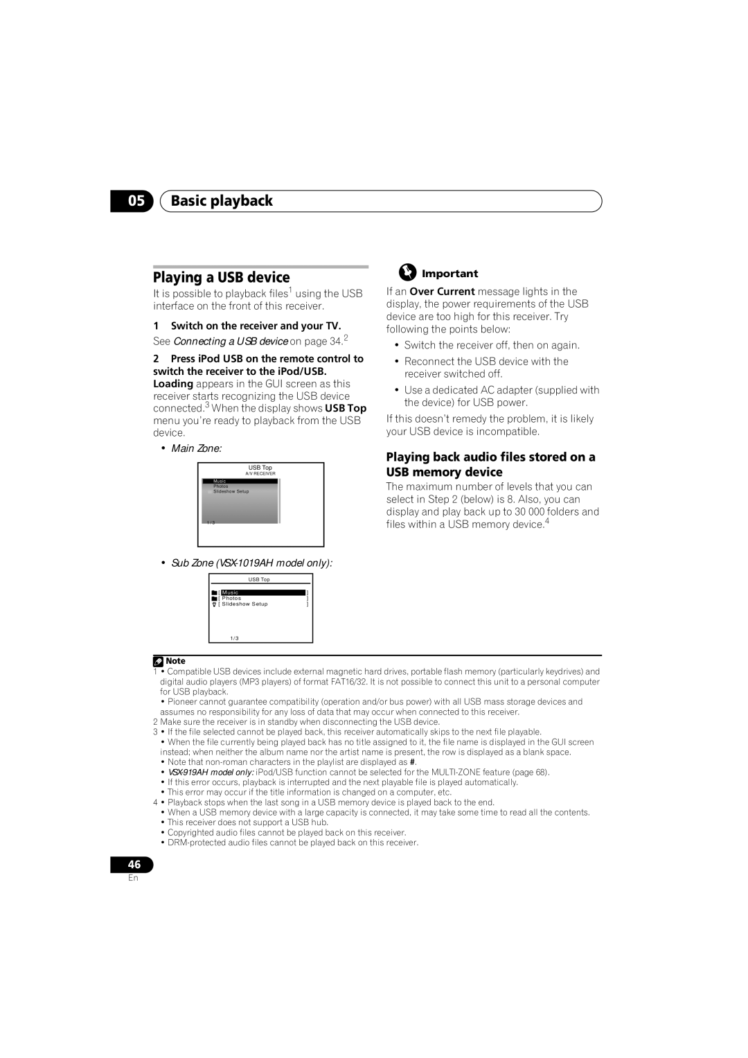 Pioneer VSX-919AH-S manual Basic playback Playing a USB device, Playing back audio files stored on a USB memory device 