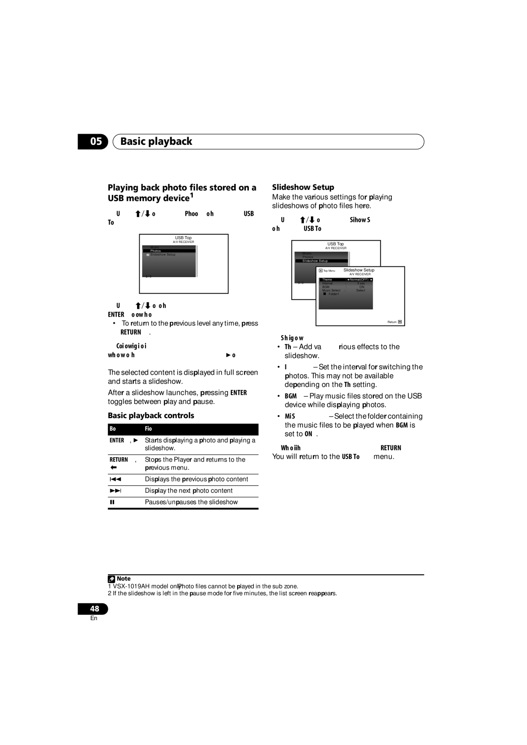 Pioneer VSX-919AH-S manual Playing back photo files stored on a USB memory device1, Slideshow Setup, Return 