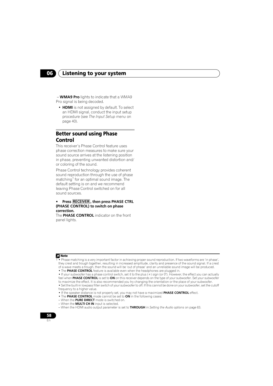 Pioneer VSX-919AH-S manual Better sound using Phase Control, Phase Control indicator on the front panel lights 