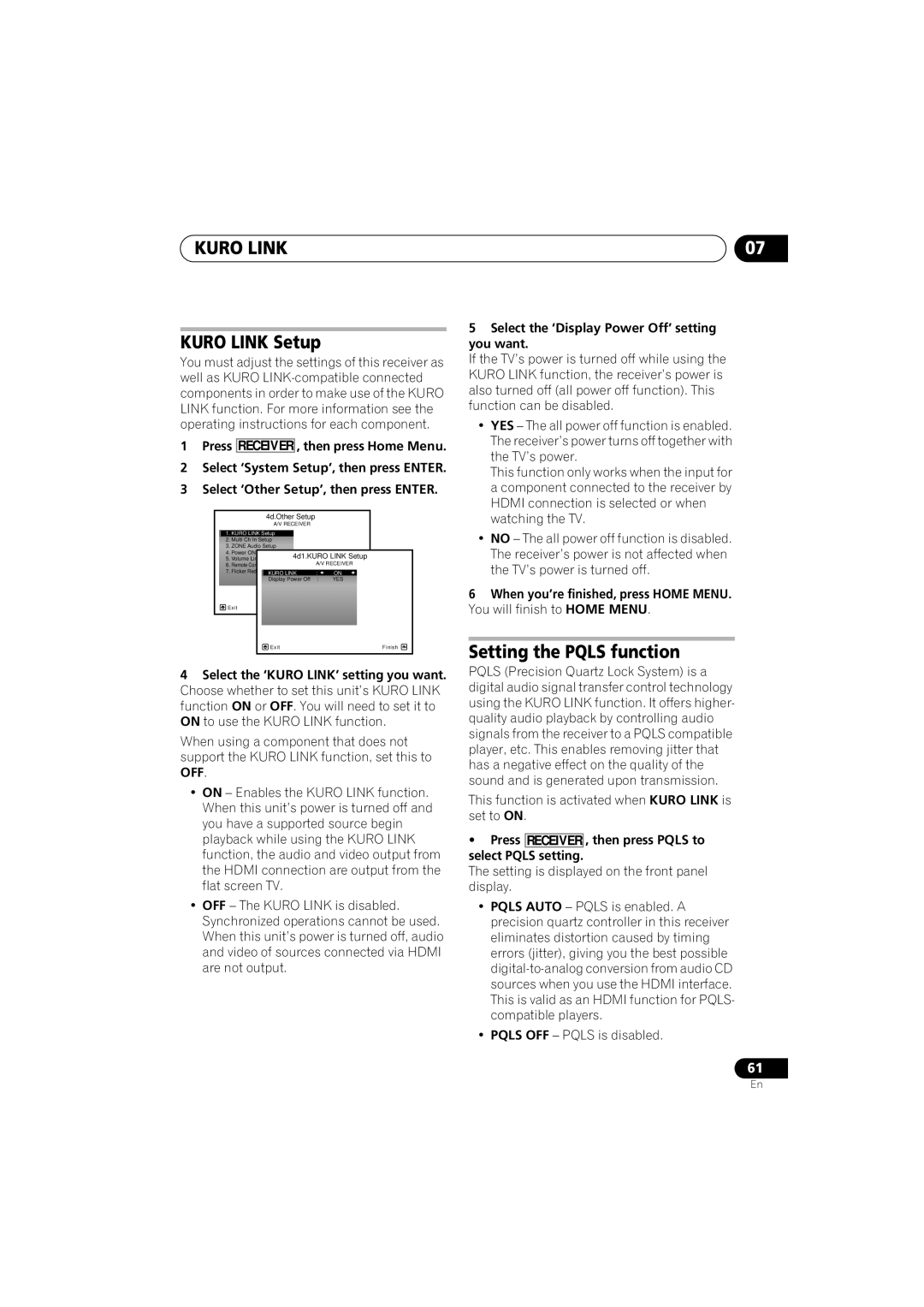 Pioneer VSX-919AH-S manual Kuro Link Setup, Setting the Pqls function, Select the ‘Display Power Off’ setting you want 