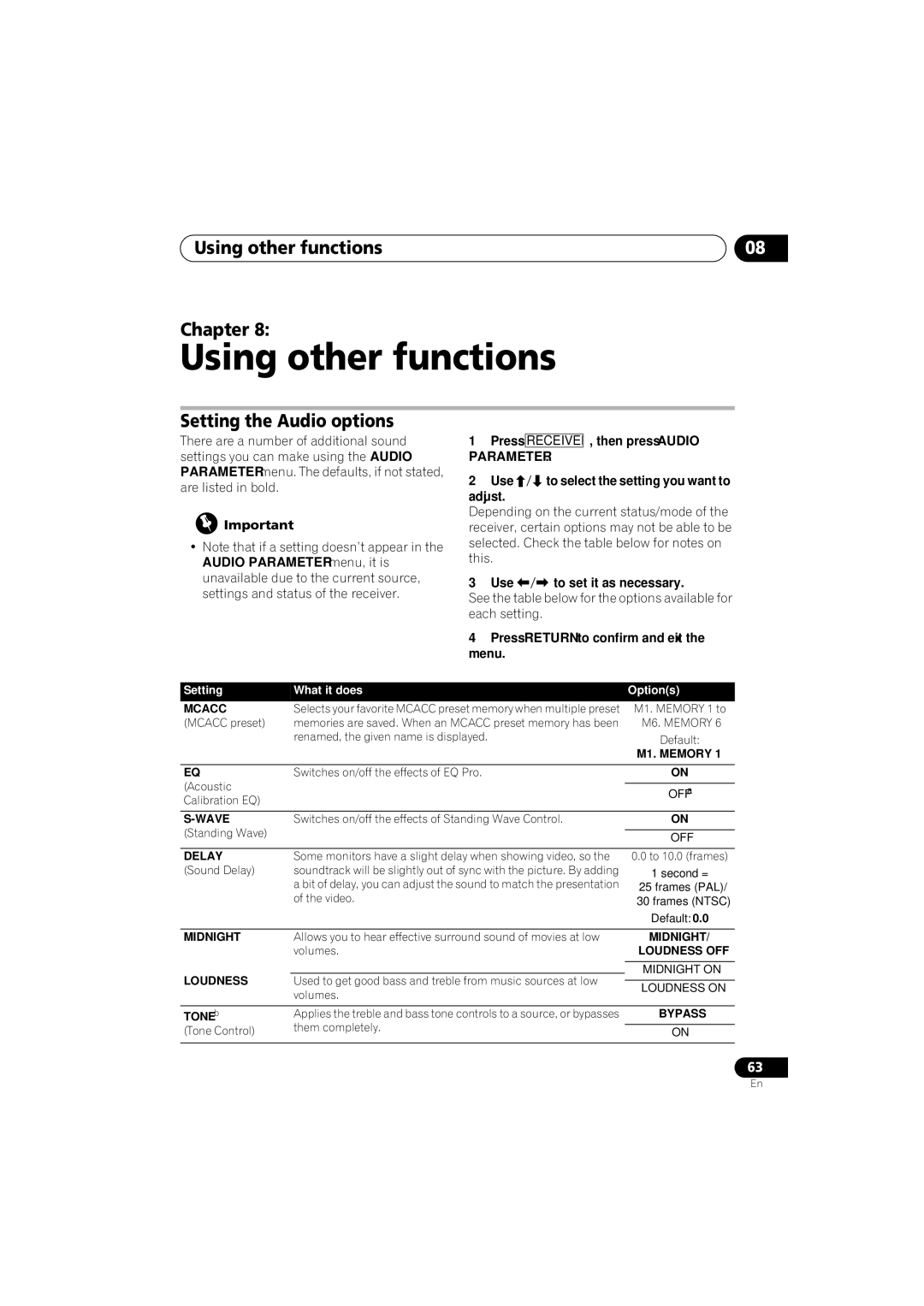 Pioneer VSX-919AH-S manual Using other functions Chapter, Setting the Audio options, Use / to set it as necessary 