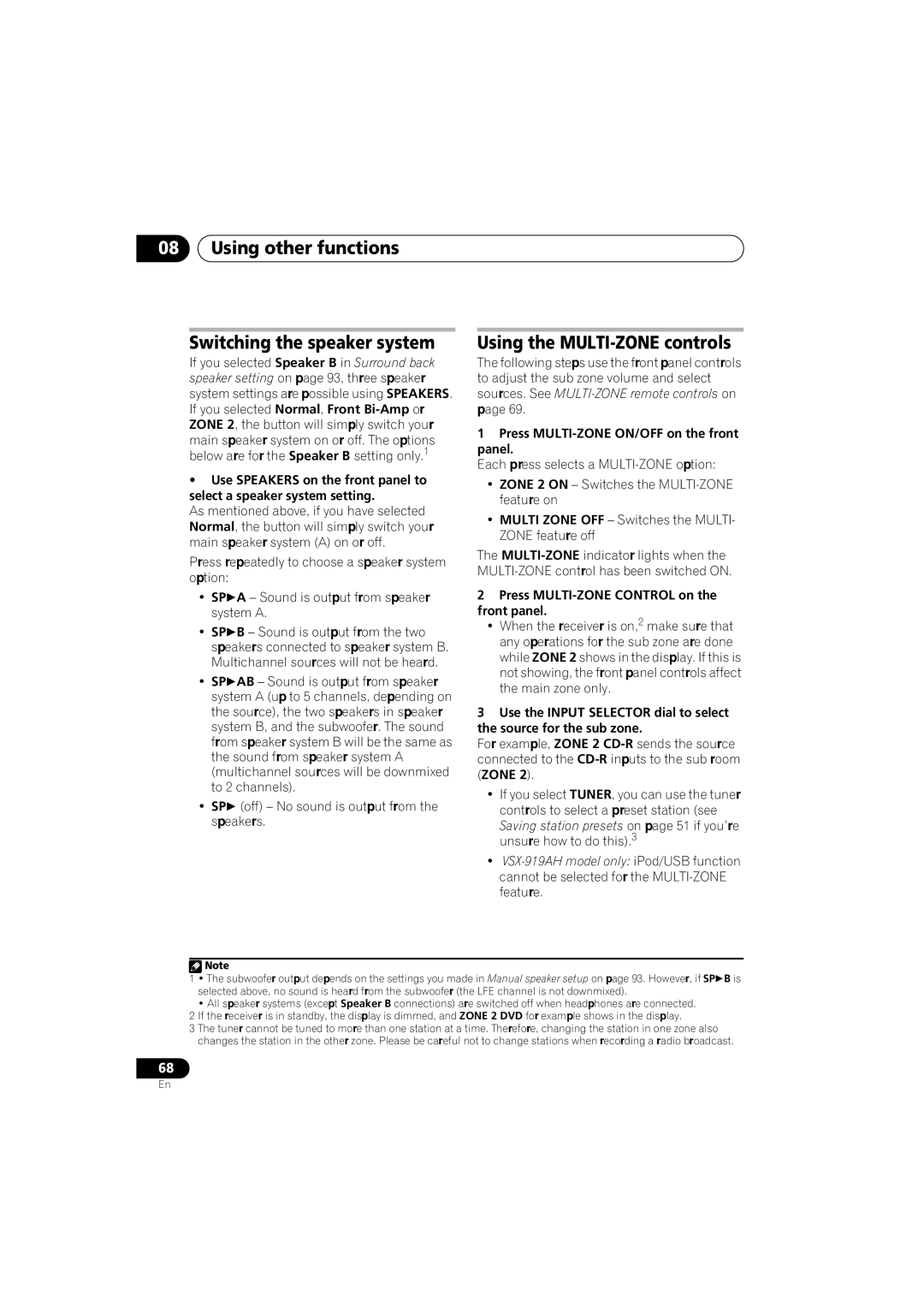 Pioneer VSX-919AH-S manual Using other functions Switching the speaker system, Using the MULTI-ZONE controls 