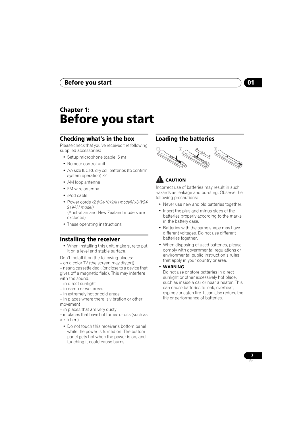 Pioneer VSX-919AH-S manual Before you start Chapter, Checking what’s in the box, Installing the receiver 