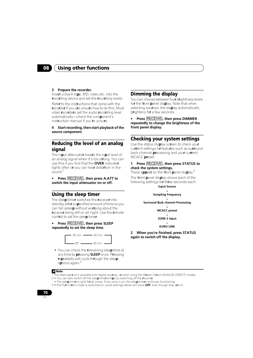 Pioneer VSX-919AH-S manual Reducing the level of an analog signal, Using the sleep timer, Dimming the display 