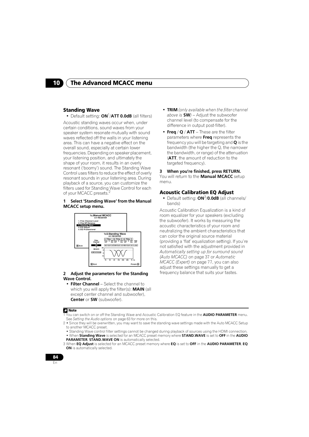 Pioneer VSX-919AH-S manual Acoustic Calibration EQ Adjust, Select ‘Standing Wave’ from the Manual Mcacc setup menu 