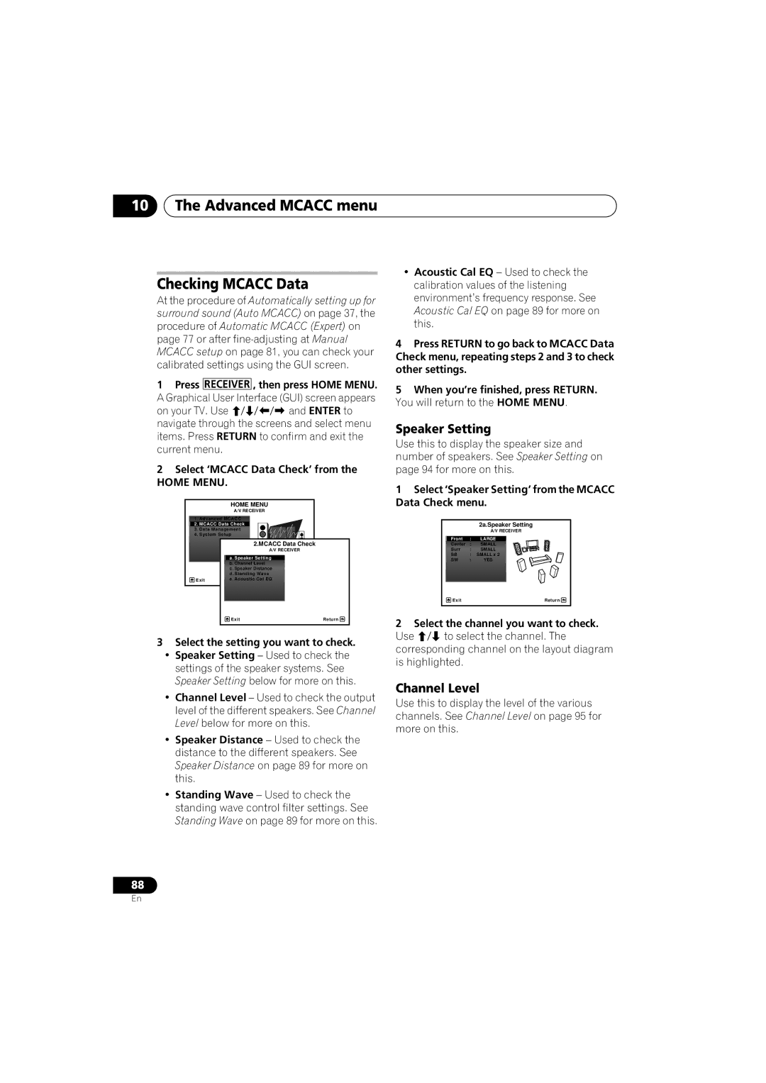 Pioneer VSX-919AH-S manual Advanced Mcacc menu Checking Mcacc Data, Speaker Setting, Channel Level 